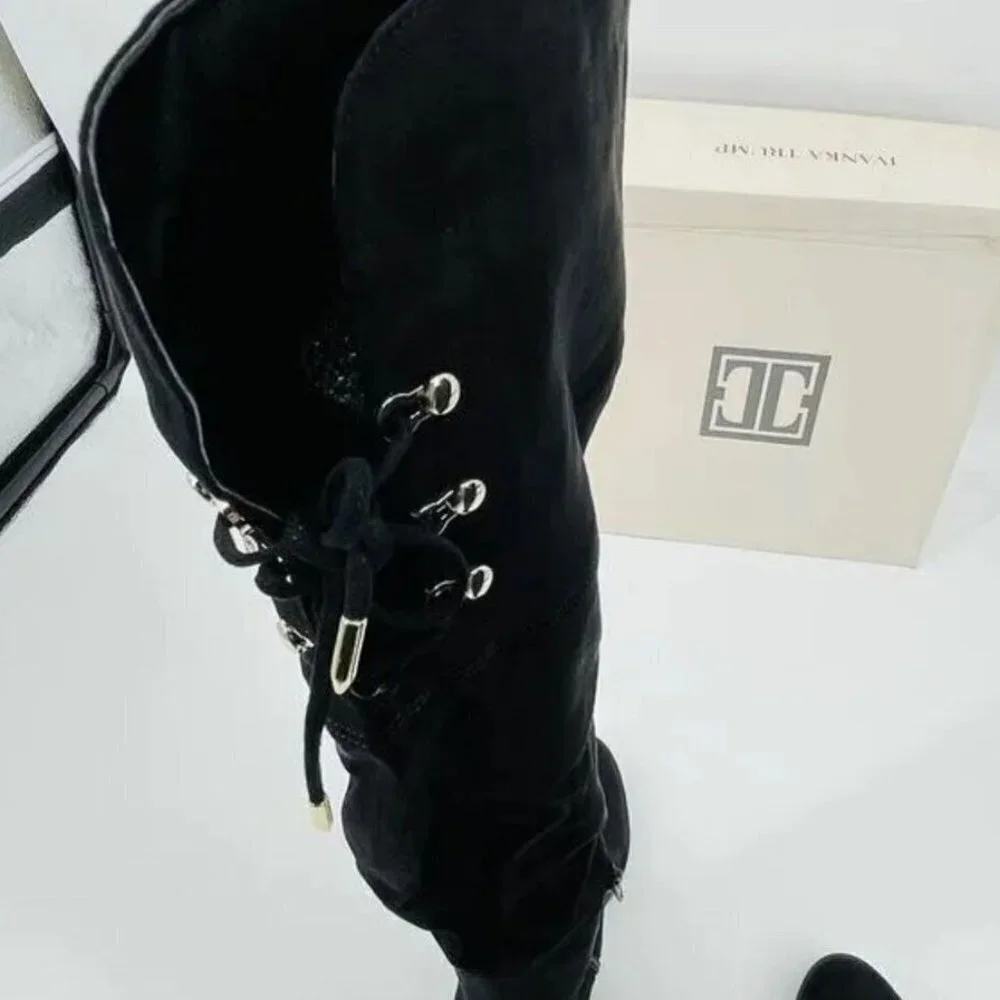 Ivanka Trump Lnde Faux Suede Lace-Up Over-The-Knee Boots black 7.5M